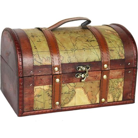 Coffre Trésor en Bois Rétro Petit Format 26X16X16 CM Coffre de Rangement Vintage pour Bijoux et Accessoires Décoratifs Motif Carte Couleur Aléatoire Aléatoire (1/5)