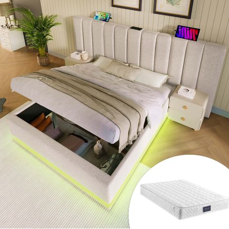Lit coffre 160/200 cm beige en lin avec LED 360° et ports USB-C (1/5)