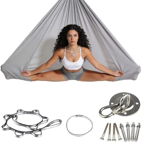 Ensemble de Hamac de Yoga Aérien, Balançoire de Méditation Aérienne, Ensemble de Suspension pour Yoga Aérien, Charge Maximale 200KG, Grau, 150x280cm (1/5)