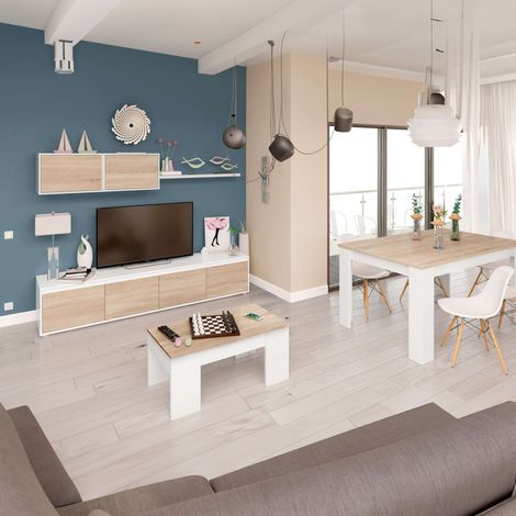 Pack de Muebles de Salón Estilo Nórdico en Color Blanco y Roble Claro con Modulo de TV, Mesa de Centro y Mesa de Comedor