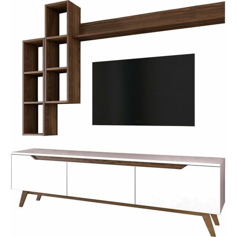 Dmora - Mueble de televisión Dleonard, Aparador de salón, Mueble bajo para TV, Base de pared equipada, 180x35h49 cm, Blanco y Nogal