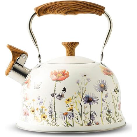 Wasserkessel aus Edelstahl (3L), Flötenkessel mit Einklappgriff, Wasserkocher für Induktion und Gasherd, Teekessel für Tee und Kaffee, Alle Kochplatten, (Weiß und Violett)