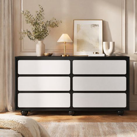 Meuble rangement commode 6 tiroirs blanc noir 140 cm OKMYHOME (1/5)