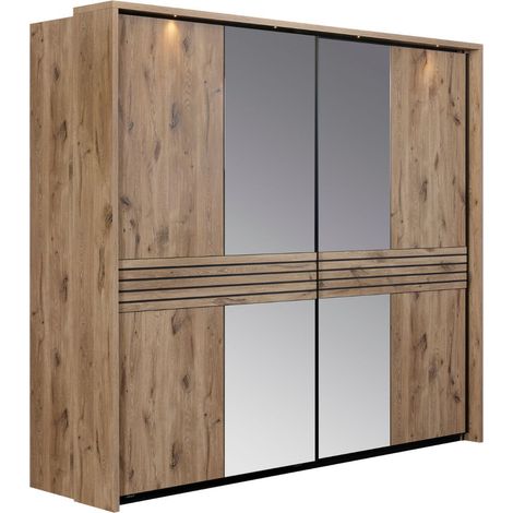 Armoire 2 portes coulissantes avec miroir et leds aspect bois et noir - NIKITA (1/5)