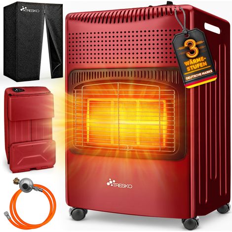 TRESKO Calentador de gas rojo de 4200 vatios con regulador de presión, manguera y tapa Horno de gas, calentador de gas cerámico con 3 ajustes Calentador de gas infrarrojo para bombonas de butano o p