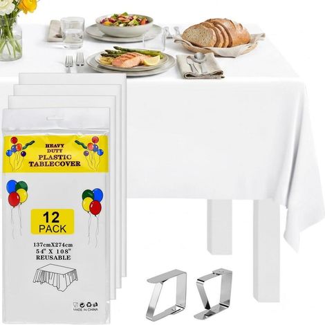 Lot de 12 nappes blanches en PEVA 137x274cm avec 8 pinces à nappe