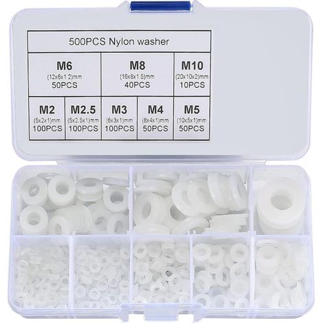 500 Pièces Rondelles Nylon Blanc, Assortiment de Rondelles Plastique Plates pour Plomberie, Robinetterie & Réparations Mécaniques, Tailles M2, M25, M3, M4, M5, M6, M8, M10 (1/5)