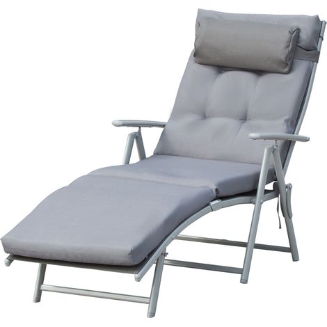 Sdraio da Giardino Pieghevole con Materassino e Cuscino, Schienale con 7 Reclinazioni, 137x63.5x100.5cm, Grigio