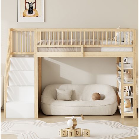 Lit mezzanine 90x200 cm en bois naturel avec armoire, étagères et échelle de sécurité (1/5)