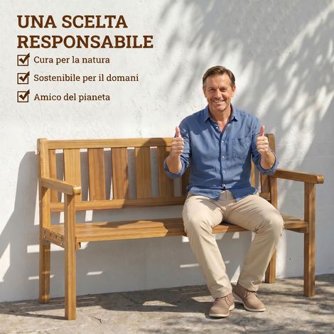 Banc jardin 2 places, bois sapin lattes, 150x57x93 cm, couleur teck, assise extérieure (1/5)