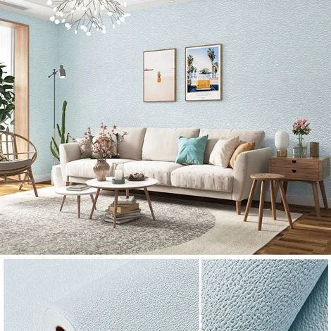 (Bleu clair, 500 cm x 50 cm) Papier peint/autocollant mural 3D en mousse PVC autocollant, couleur unie, épais et imperméable, pour la décoration intérieure. (1/5)