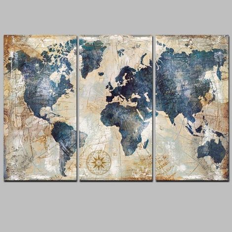 Impression sur toile non tissée Carte du monde 90x60 cm Tableau en 3 parties Décoration murale Photo Image artistique Graphique Photographie nautique Rose des vents (1/4)