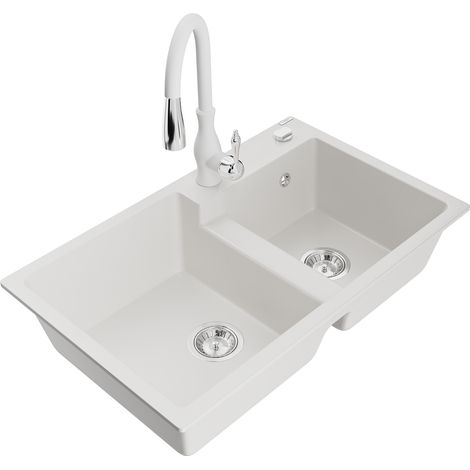 Mexen Tomas fregadero de granito de 2 compartimentos con grifo de cocina Savita, blanco - 6516-20-672601-20 (1/5)