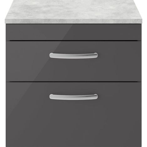 Millwich Contemporary 2 Drawer Wall Hung Vanity Unit with Laminate Black Galaxy Granite Worktop, Gloss Grey, 600mm