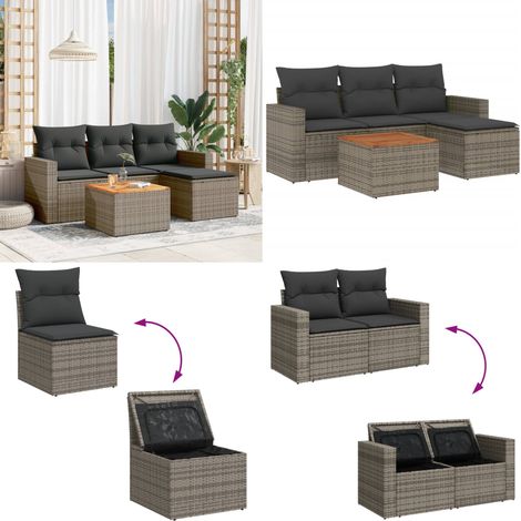 Salon de jardin 5 pcs avec coussins gris résine tressée - Ensemble Salon De Jardin - Mobilier Extérieur - Jardin Design - Chaise Lounge - Pouf Pliable - Home & Living