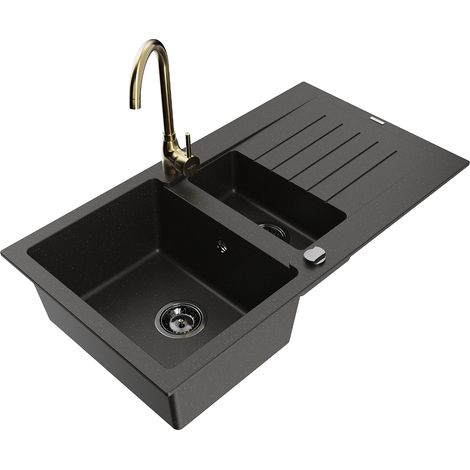 Mexen Matias 1,5-Becken-Granitspüle mit Abtropffläche und Mischbatterie Telma, Schwarz/Gold - 6502-7