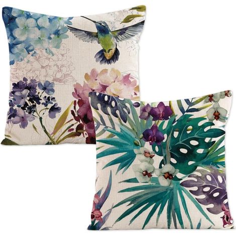 Lot de 2 Housses de Coussin décoratives, 40 x 40 cm, Motif Tropical, Oiseau et Fleurs, avec Fermeture cachée, en Polyester Imitation Lin (1/5)