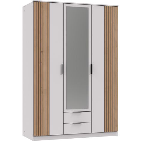 Armoire Placard, meuble de rangement avec miroir coloris blanc, rechampis imitation chêne artisan -longueur 135 x hauteur 199 x profondeur 58 cm (1/3)