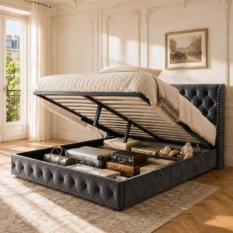 Letto contenitore 160x200 cm, letto matrimoniale con ampio vano contenitore idraulico, struttura imbottita con testiera ad ali in velluto e borchie, Grigio scuro (1/5)