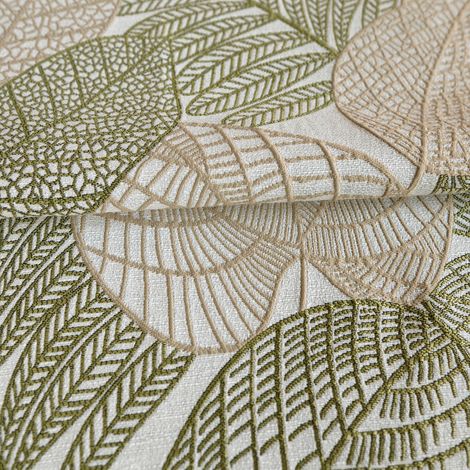 Tissu d’ameublement jacquard en polycoton à motifs feuilles Kaki 150 cm