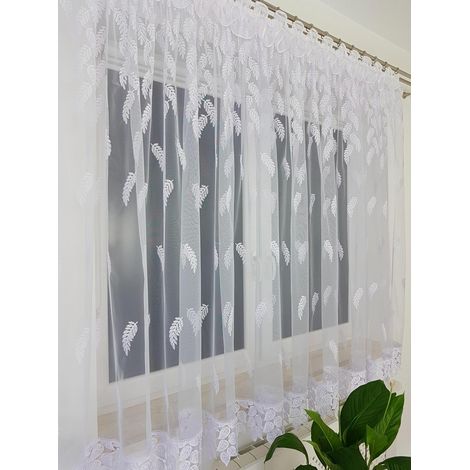 Fertiger Vorhang aus weißem Marquisette-Stoff, 300 x 120 cm, mit Stickerei und Guipure-Spitze, Kräuselband (1/5)