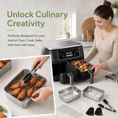 Plats en Acier Inoxydable Compatible AF300/AF400, et Airfryer Avec Couvercles et Grille Plat à Four (1/2)