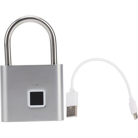 Cadenas à empreintes digitales 0,5 S Déverrouiller étanche Tenir 10 empreintes digitales Interface USB Empreinte digitale avec lumière 3 couleurs pour bagages Argent.