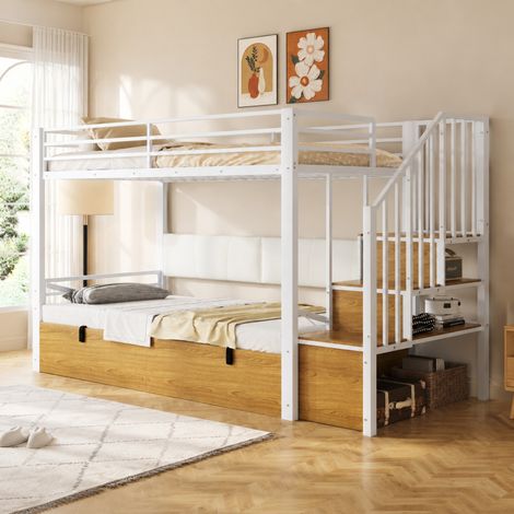 Metall-Hochbett Weiß 90 x 200 cm mit Leiter und Stauraum (1/5)