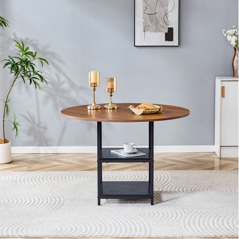 Runder Esstisch 107x107x75 cm schwarz/nussbaum aus MDF und Metall mit doppelter Ablage (1/5)