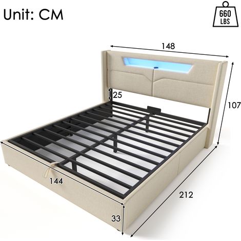 Lit double capitonné 140x200 cm avec éclairage LED et prise USB-C, cadre à lattes en lin, sommier intégré (matelas non inclus)