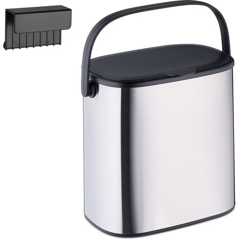 Relaxdays Mülleimer, 5 l, hängender Kosmetikeimer, Badmülleimer mit Deckel & Griff, Küchenabfalleimer, silber/schwarz
