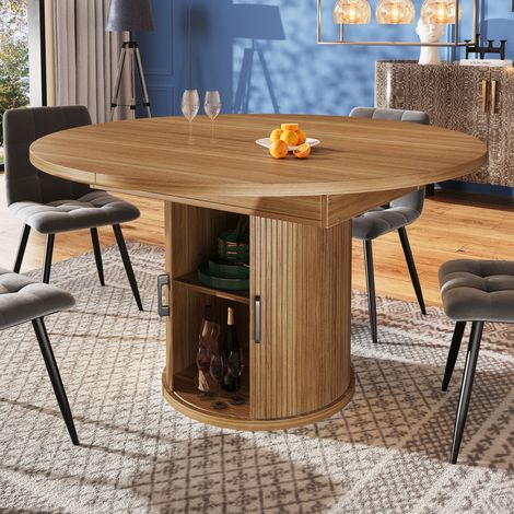 Table ronde extensible 118-158 cm, table à manger ovale, table de cuisine et balcon, plateau coulissant, bois noyer et pieds noirs, jusqu'à 6 personnes. (1/5)