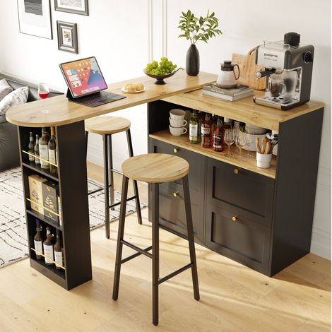 Bar-Set 138x39x104 cm en MDF et métal noir, avec rangement pour cuisine moderne FloraGrace (1/5)