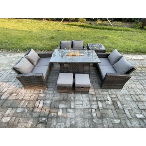 Fimous Hoher Rücken Rattan Gartenmöbel Sets mit Outdoor-Möbel Gas Feuerstelle Esstisch Set Beistelltische 2 Kleiner Fußhocker Dunkelgrau Gemischt (1/5)