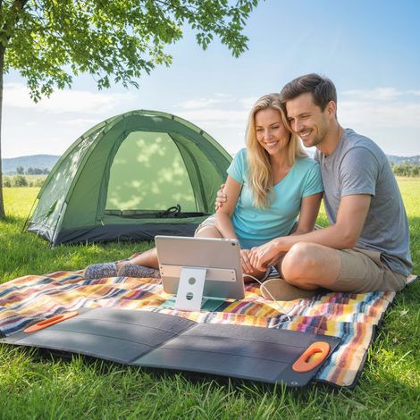 Faltbares 100-W-Solarladegerät mit USB-A- und USB-C-Anschlüssen für Schnellladung, IP67, Schwarz