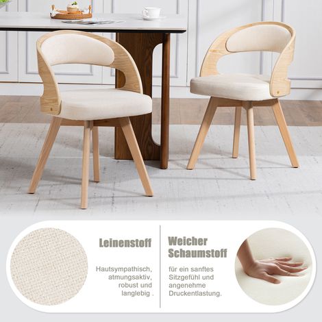 Ensemble de 2 chaises salle à manger modernes en bois, assise pivotante, coussins lin/coton, dossier incurvé – cuisine, café, salon (lin beige) (1/4)