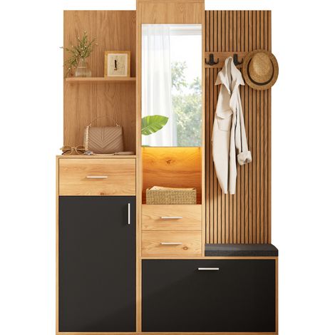 Garde-robe compacte, armoire à chaussures avec garde-robe, miroir et banc, éclairage LED avec contrôle par application, garde-robe d'entrée avec tiroirs et compartiment à chaussures pliant, meuble d'e (1/5)