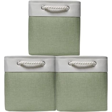 Cubes de rangement carrés en tissu avec poignées pour organiser des étagères, des placards, des vêtements, des jouets (cube de 28 cm, blanc-vert) (1/5)