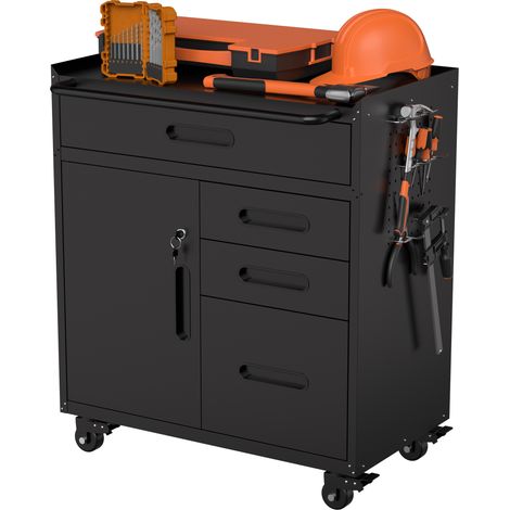Mobiler Werkzeugaufbewahrungsschrank – Garagenorganizer mit abschließbarem Fach und 4 Schubladen, fahrbare Stahlkiste für Werkstatt und Hausgarage, Maße H 87,3 × B 75 × T 42 cm (1/5)