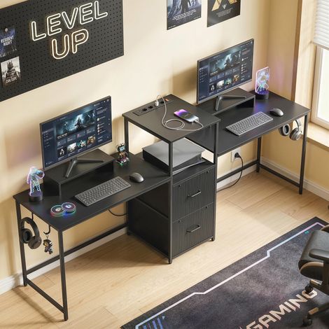 Mesa Gaming Doble de 244 cm con Estación de Carga Puertos USB Soportes para Monitor Cajones de Tela Negro (1/5)