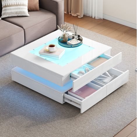 Tavolino da salotto 70 x 70 x 35 cm con LED, piano in vetro, 3 cassetti, bianco DESVIAE (1/5)