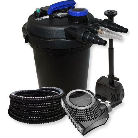 Wiltec Komplettset: CPF-250 Teichdruckfilter bis 10000 L Teich mit 11W Teichklärer, NEO8000 SuperEco Teichpumpe 8000l/h 70W, 25m Teichschlauch 25 mm (1"), HJ-943 ECO Springbrunnenpumpe 800l/h 16W (1/5)