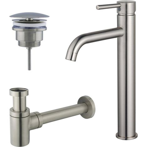 Fortifura Calvi Kit mitigeur lavabo - robinet rehaussé - bonde non-obturable - siphon design bas - PVD Inox brossé