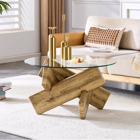 Table basse ronde en MDF et verre trempé transparent 79 cm, hauteur 45 cm DESVIAE (1/5)