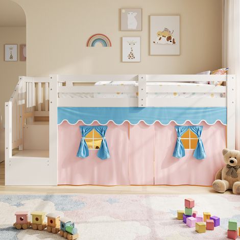 Letto a mezza altezza, 90 x 200 cm, in legno di pino, con tende oscuranti, soppalco aperto, striscia LED, senza materasso, senza clip, bianco (1/5)
