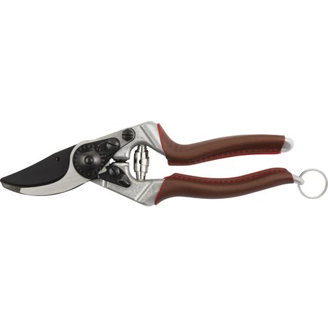 FELCO 8 ELITE tijera ergonómica para diestros mano grande, mangos cuero, hoja F-Tech negra, corte 25 mm, 210 mm, herramienta profesional suiza