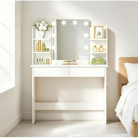Toeletta con specchio LED 90x40x135 cm, 4 ripiani e 2 cassetti, luce dimmerabile, legno massello e plastica, bianco (1/5)