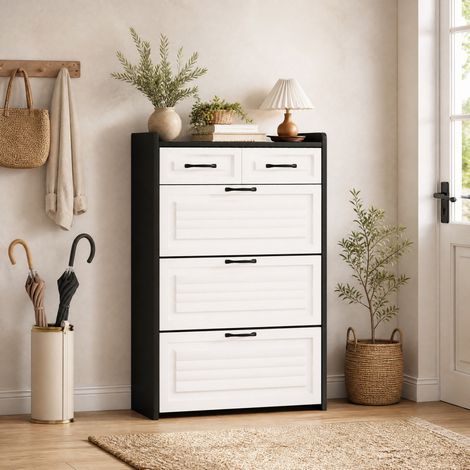 Mobile portascarpe girevole 80x23.5x131 cm, 3 scomparti, design minimalista, maniglie in metallo, truciolare, bianco nero (1/5)