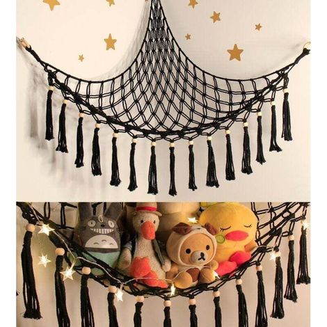 Filet ou hamac pour peluches - Rangement suspendu pour peluches - Support mural d'angle pour hamac à jouets avec crochets, noir (1/4)