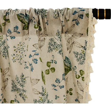 Rideaux à œillets en coton et chanvre à motif floral vert tendre.